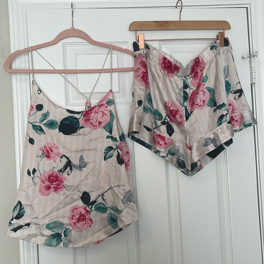 Victoria's Secret Pink & Green Floral Satin Cami and Shorts Pajama Set